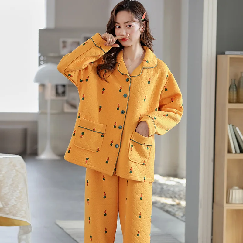 Pajamas For Women Cotton Set Sleep Lounge Pajama Plus Size 5XL Long Sleeve Sleepwear Winter Thick Warm Cute Cartoon Pyjamas