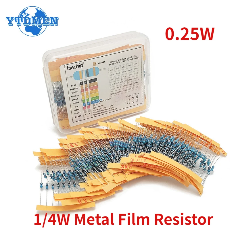 

Комплект металлических пленочных резисторов 1/4 Вт, 300-600 шт., 10 Ом ~ 1 м, сопротивление 1R-10M, 1%, 0,25 Вт, набор резисторов