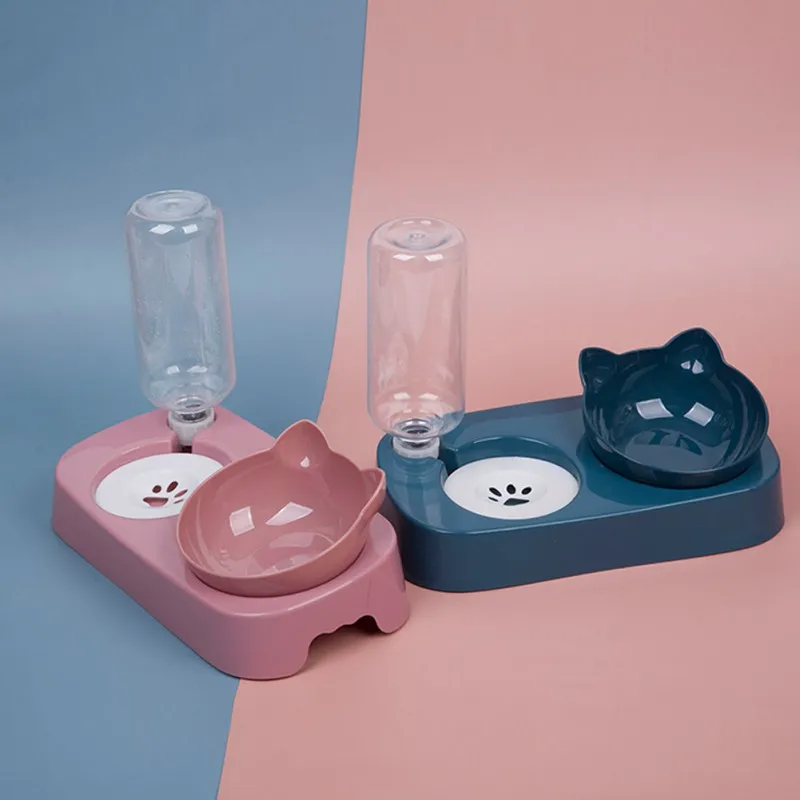 

2 in 1Pet Dog Cat Double Bowls With Water Dispenser Automatic Drinking Pet Water Feeder 0-15 degreesTilting Neck Guard Cat Bowls