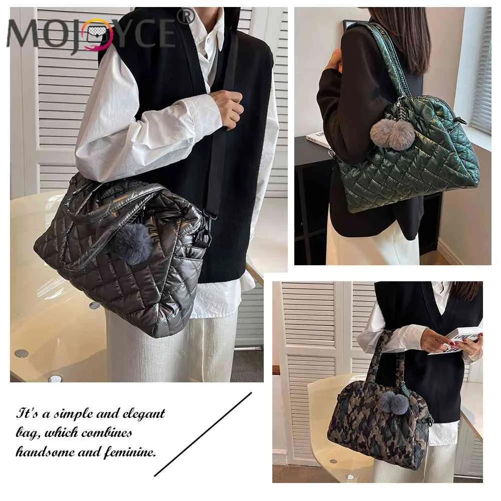 

Autumn Winter Handbags Large Capacity Quilted Shoulder Bag Pompom Pendant Cotton Messenger Pouch Nylon Crossbody Bag for Shopper