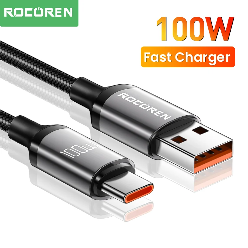 Кабель Rocoren USB Type C 100 Вт, зарядный кабель для быстрой зарядки для Xiaomi Poco F4 F3 Realme Huawei 7A Supercharge USBC, кабель для передачи данных