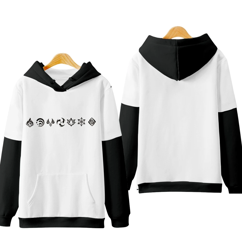 

Осенняя толстовка с 3D эффектом Genshin, мужские толстовки, женские пуловеры унисекс, Популярная Детская уличная одежда черного и белого цветов с капюшоном для игры для мальчиков и девочек