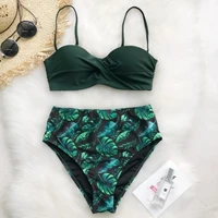 green leaf bikini suit for women heart collar high waist two piece swimsuit beach