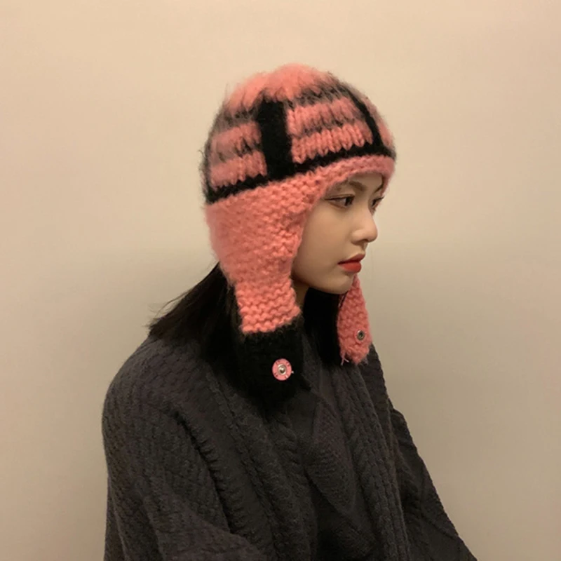 Winter Knitted Hats With Earflaps Hat Russian Women Caps Fur Hood Hat Girl Wool Bomber Hats Warm Beanies Cap Femme