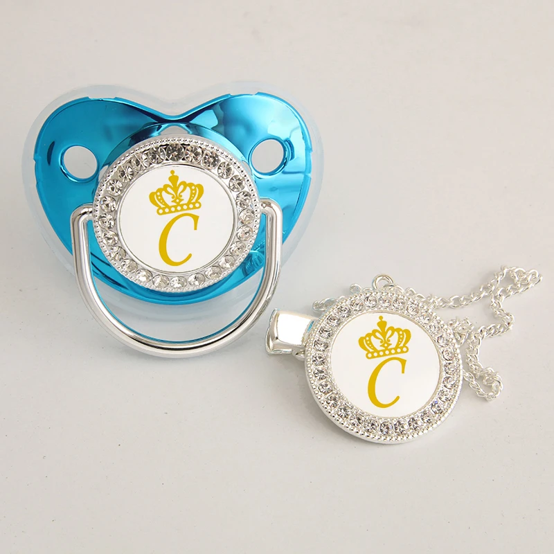 

Luxury 26 Name Initials Crown Blue Baby Pacifier With Pacifier Chain Bling Infant Dummy Nipple BPA Free