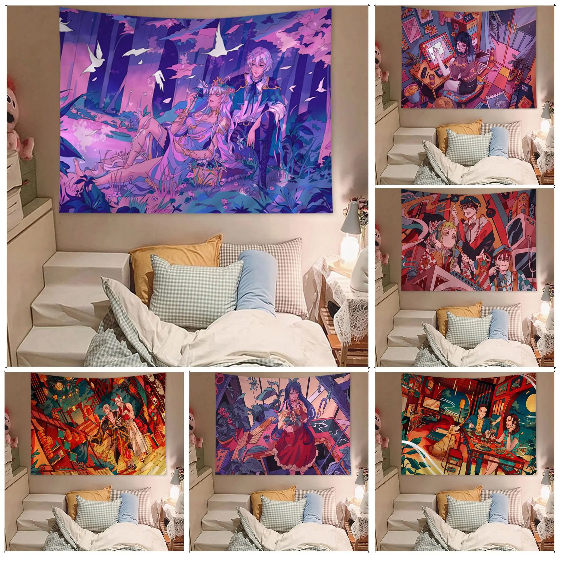 

Stephanie Priscilla Illustration Cartoon Cute Girl Hippie Tapestries Bohemian Wall Tapestries Mandala Wall Hanging Home Decor