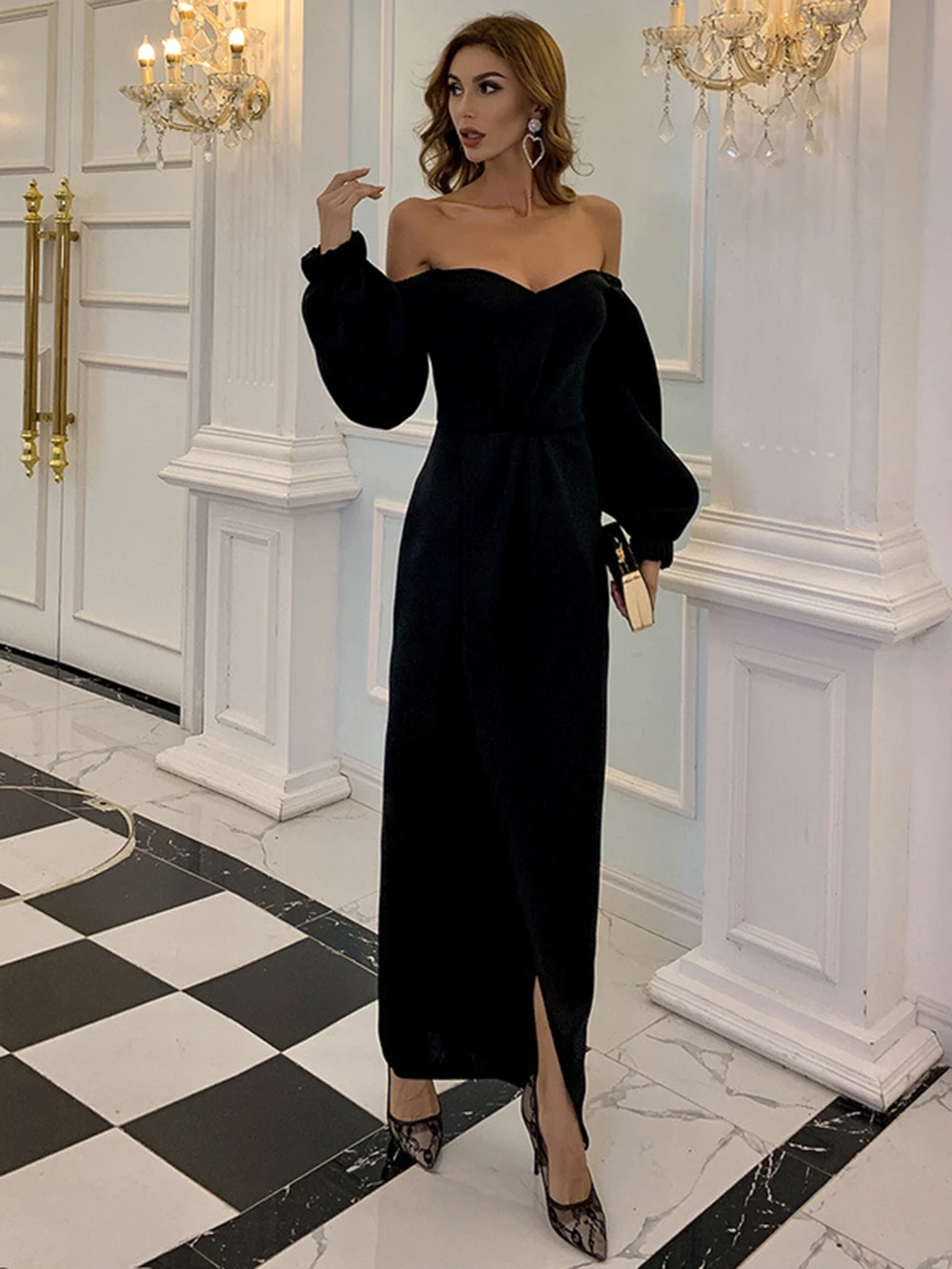 Red Satin Elegant Long Evening Dresses V Neck Backless Sexy Women Party Night Dress Lantern Sleeve Side Split Formal Prom Gowns