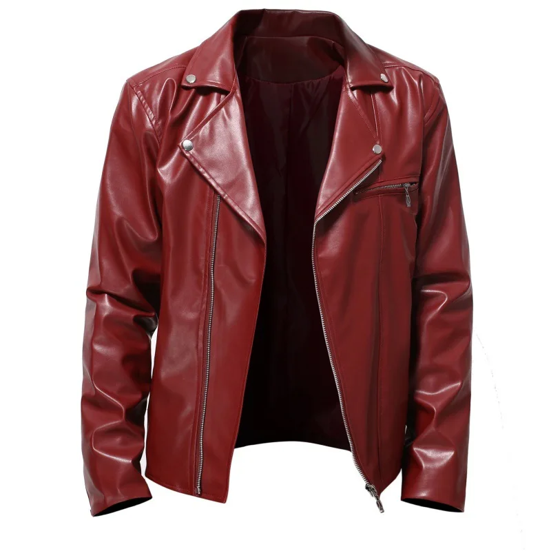 2023 Men's Autumn New Solid Color Polo Collar Oblique Zipper Leather Youth Slim-Fitting Biker PU Leather Jacket