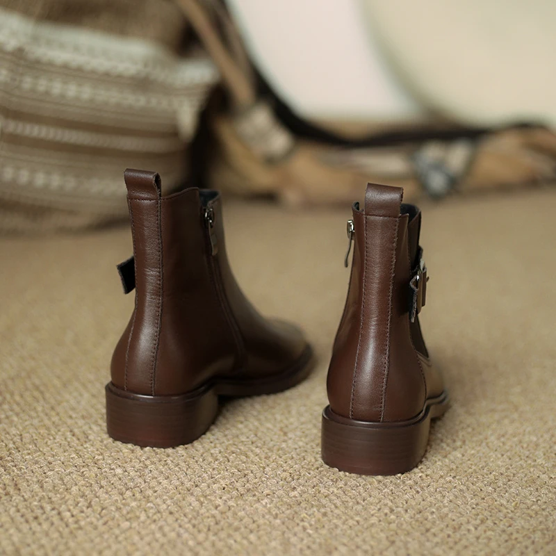 MythLuo Pumps Ankle Boots For Women Chunky Heels Short Boots Cow Leather Round Toe Side ZIP Office Ladies Casual Shoes Retro