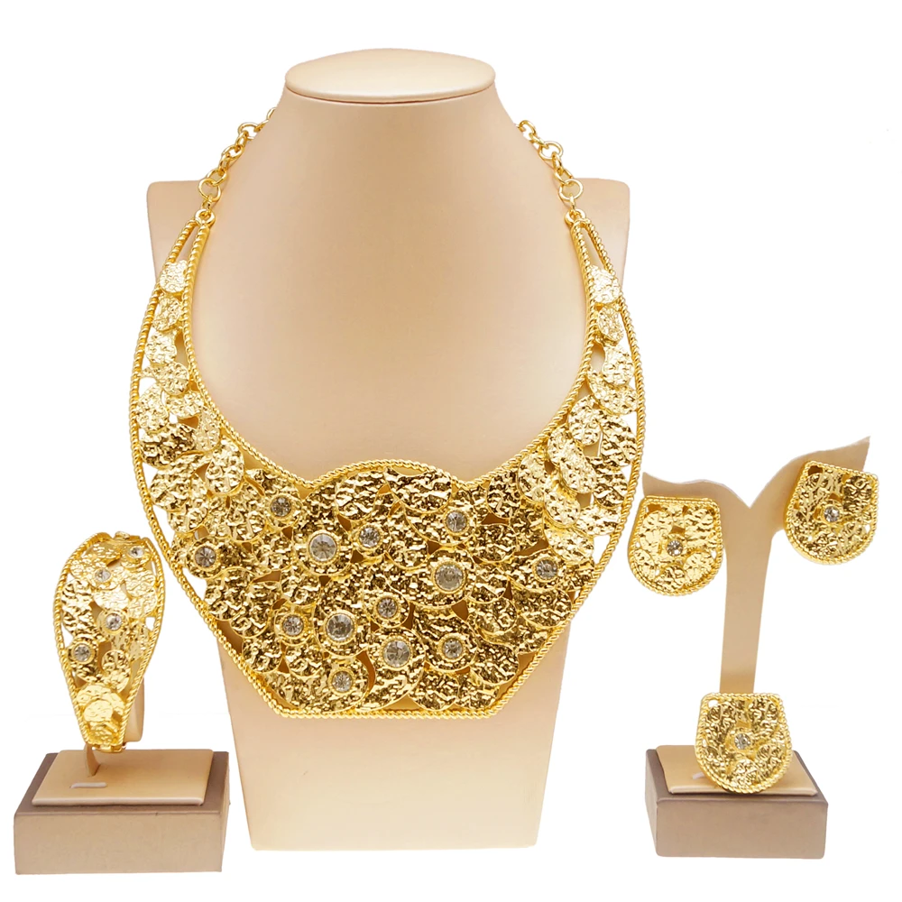 

Italian Big Necklace Ladies Gold Tone Jewelry Set Dubai Surround Shape Fashion Trend Exquisite Earrings Bracelet Wedding Banquet