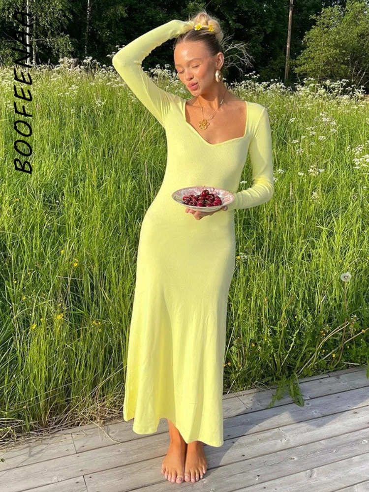 

BOOFEENAA платья макси с длинным рукавом простые, но элегантные для женщин 2022 осенняя одежда желтое Ребристое трикотажное платье для отпуска