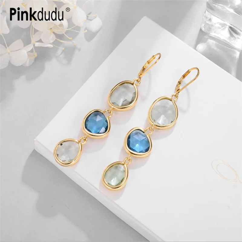 

Pinkdudu Fashion Irregular Geometric Dangle Earrings Boho Long Pink Crystal Statement Tear Drop Earrings Jewelry for Women PD122