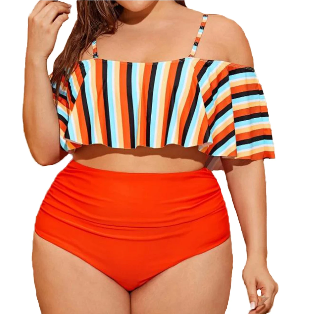 Женский купальный костюм с оборками FS оранжевый из двух предметов открытыми