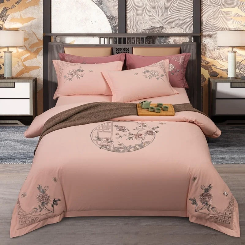 

Traditional Vintage Embroidery Chic Peach Duvet Cover 600TC Egyptian Cotton Soft 4Pcs Bedding Set with 1Bed Sheet 2Pillow shams