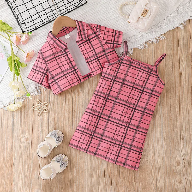 

2022 New Summer Clothes Sets Short Sleeve Turn-down Plaid Pink Cute 2 Piece Sets Designer Boys Clothes Sets 4-7T