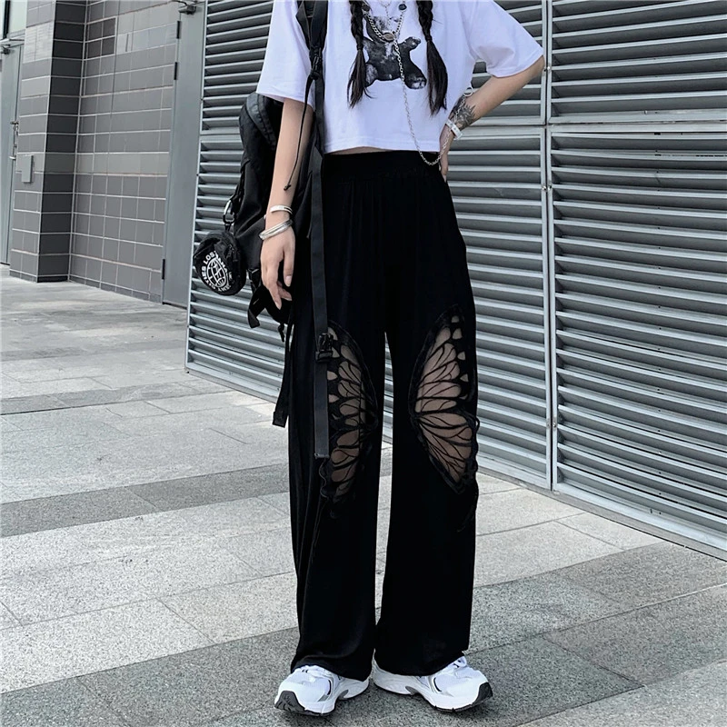 

Spring and Autumn High Elastic Waist Black Hollow Butterfly Print Long Harem Pants New Loose Casual Pants Women Fashion 2021