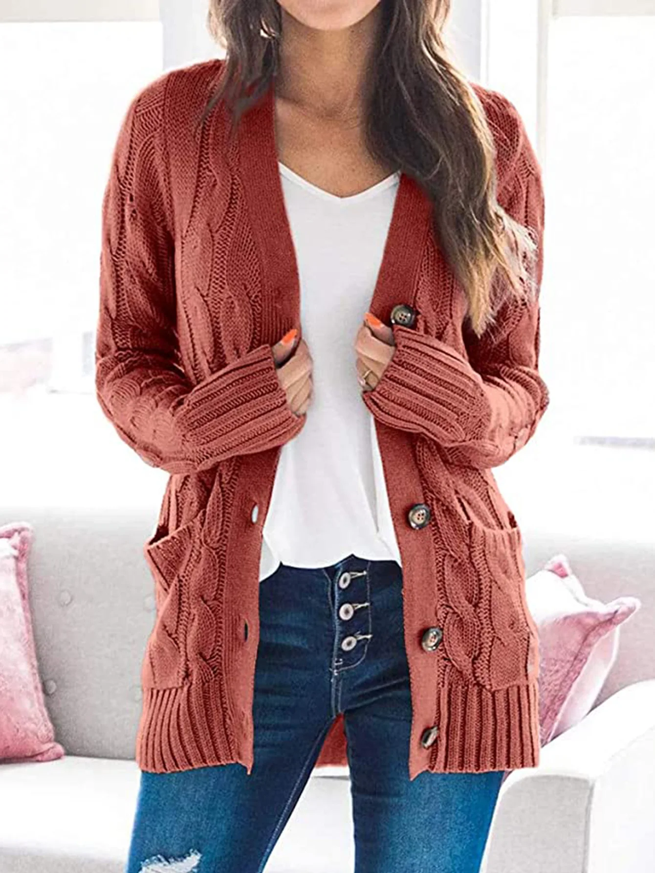 

Vintage Pocket Jacket 2022 Woman Knitted Braided Autumn Loose Casual V-Neck Coat Winter Street Fashion Sweater Button Cardigans