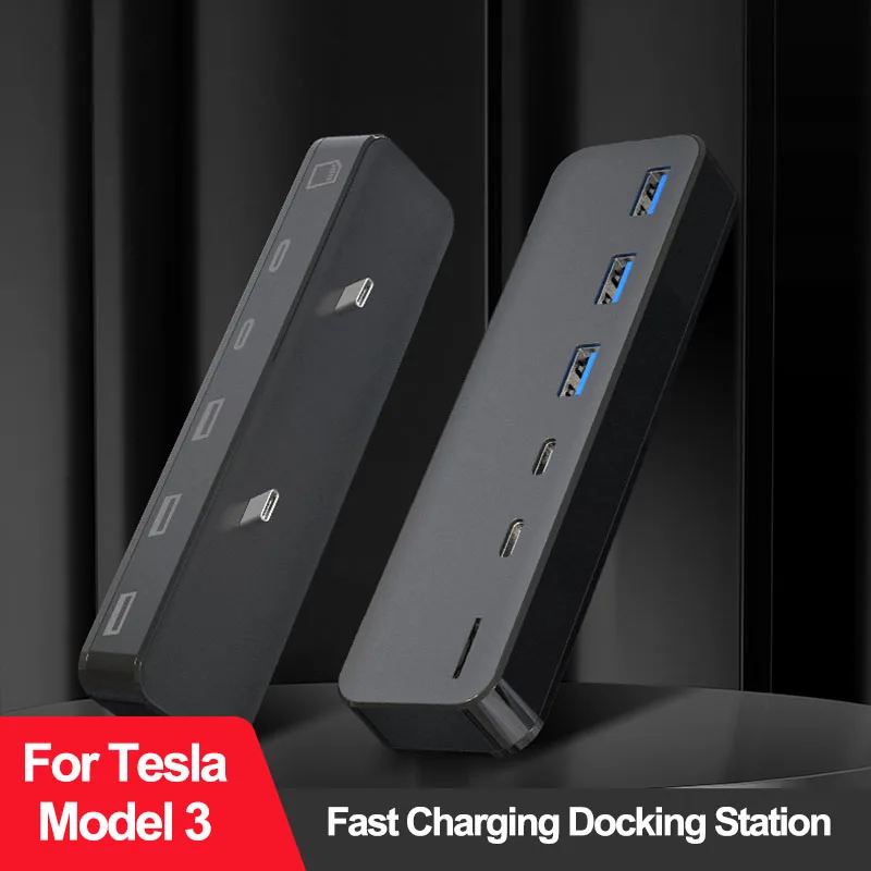 

Док-станция для 2021-2023 Tesla Model 3 Y usb-хаб 27W интеллектуальная Быстрая зарядка 6 в 2 Type-C Micro SD Модель 3 модель Y