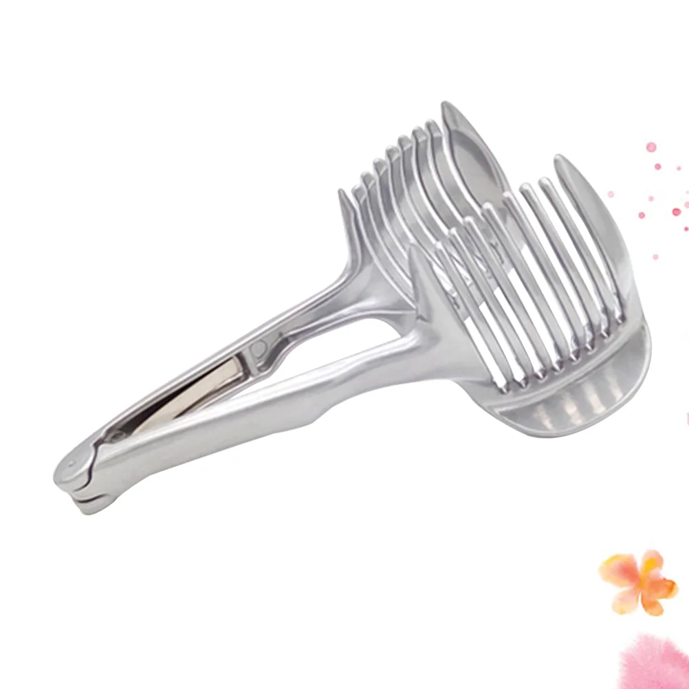 

1pc Stainless Steel Multiuse Handheld Lemon Round Fruits Onion Potatoes Tomato Tongs Cutting Aid