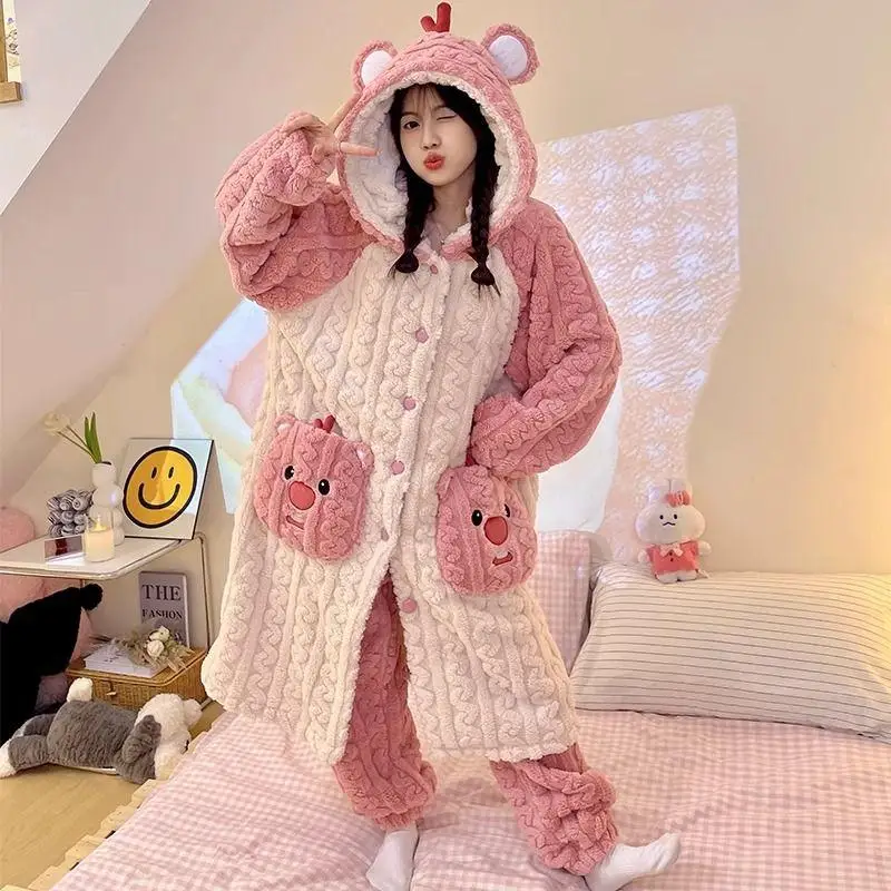 

Kawaii Loopy Coral Velvet Autumn Winter Thick Warm Pajamas Anime Cute Girl Heart Hooded Button Cardigan Long Nightgown Loung Set