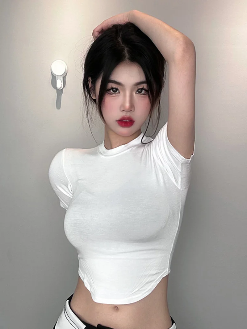 Sweet Tees Fashion TVVOVVIN Tops Korea Sexy Slim Thin Curved Hem Short Short Sleeve T-shirt Top Female 79H8