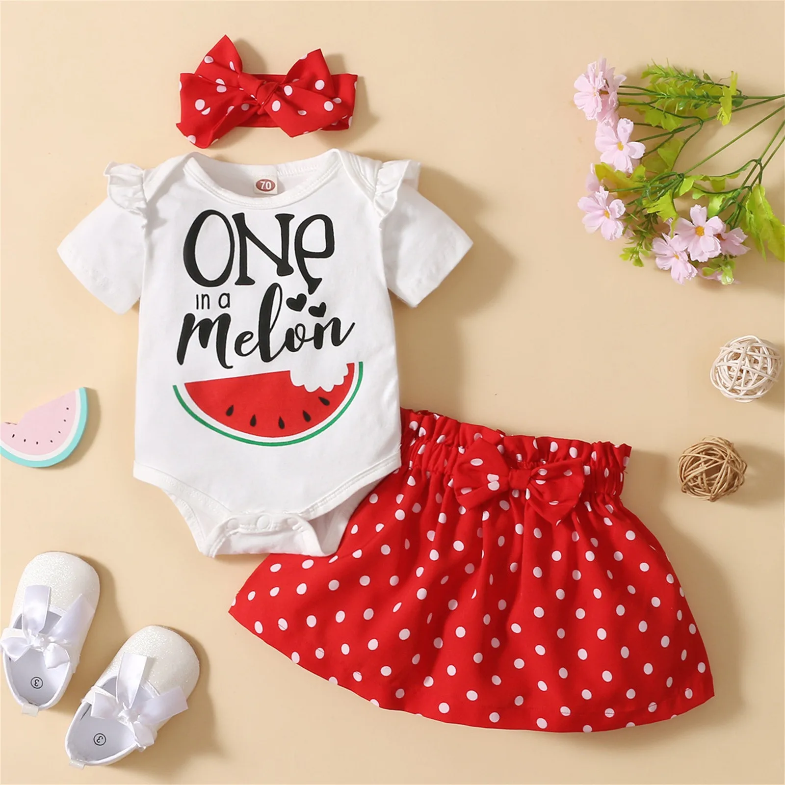 

0-18 Months Toddler Girls Clothes Kids Watermelon Letters Prints Short Sleeves Skirt Bowknot Hairband 3pcs Casual Outfits Set