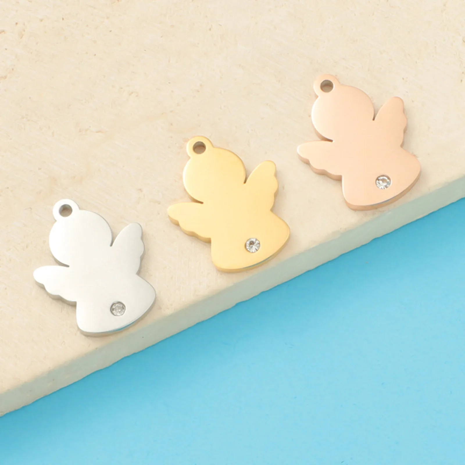 

3PCs 304 Stainless Steel Religious Angel Charms Pendants Gold Color Rhinestone For Jewelry Making Diy Necklace Findings 15x12mm