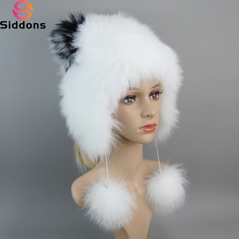 Russian Female Beanies Natural Fox Fur Hat Knitted Skullies Beanies Women's Cap Real Fox Fur Pompom Bomber Winter bonnet Hat