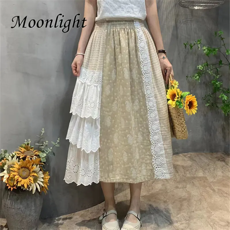 

Cotton Linen Skirt for Women Vintage Japanese Elastic Waist Embroidery Lace Plaid Skirts Mori Girl Patchwork College Style Falda