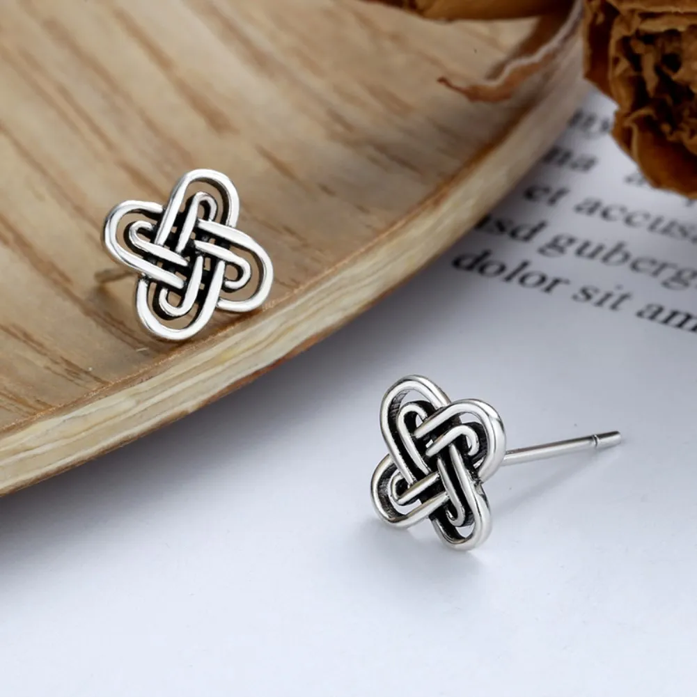 

Silver Earrings Ethnic Style Chinese Knot Men and Women Vintage Old Heart Knot Stud Earrings Simple Geometric