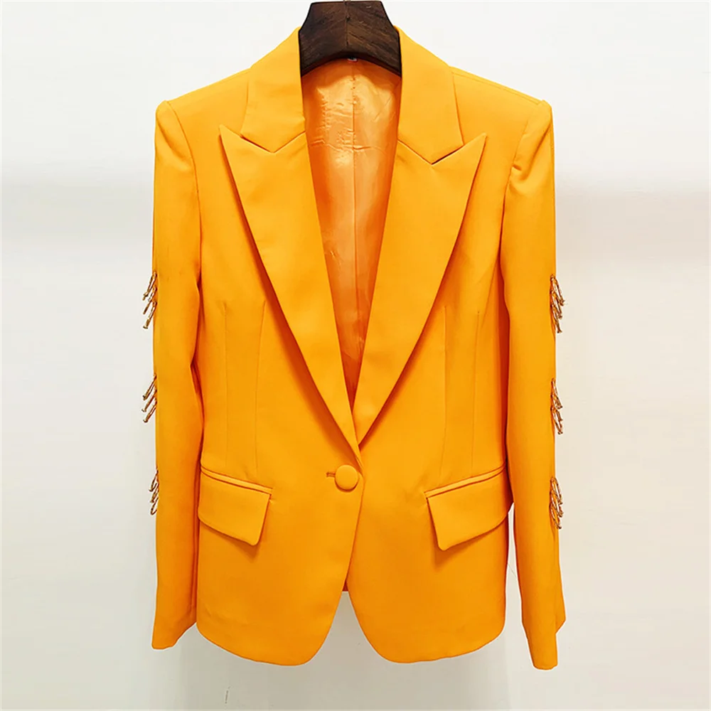 Fashion Women Two Piece Set 2023 New Orange Female Metal Ring Decoration Blazer Trouser Suit Lady Business Party Formal Pant Set
