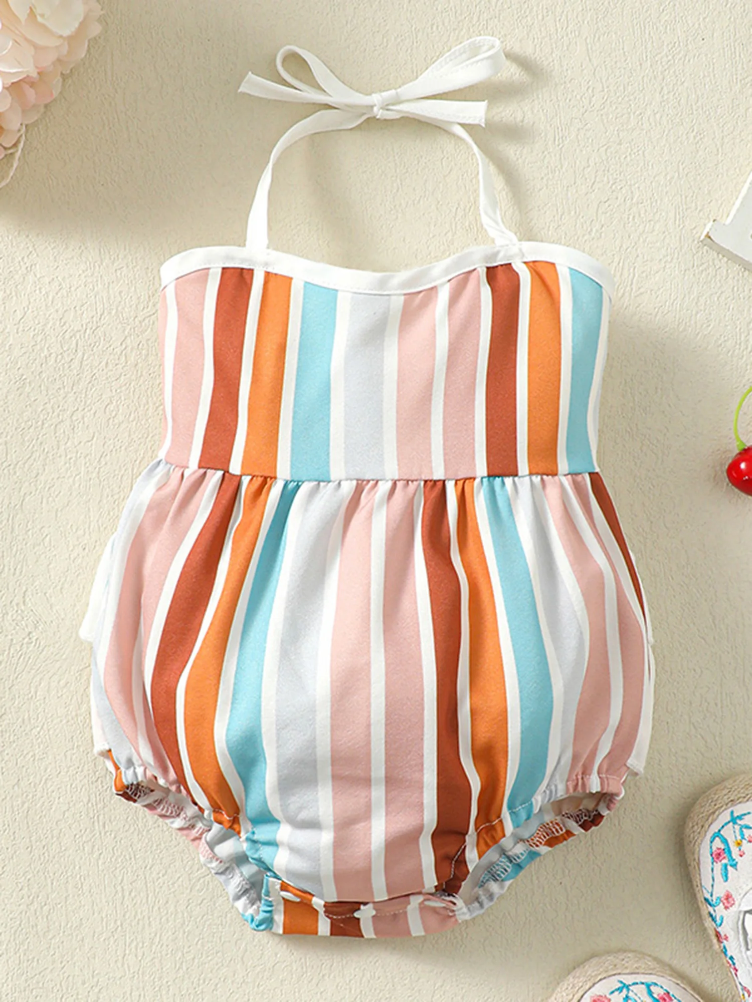 

Dcohmch Toddler Baby Girls Summer Romper Colorful Stripe Tie-Up Halter Neck Sleeveless Ruffles Newborn Jumpsuits (Colorful