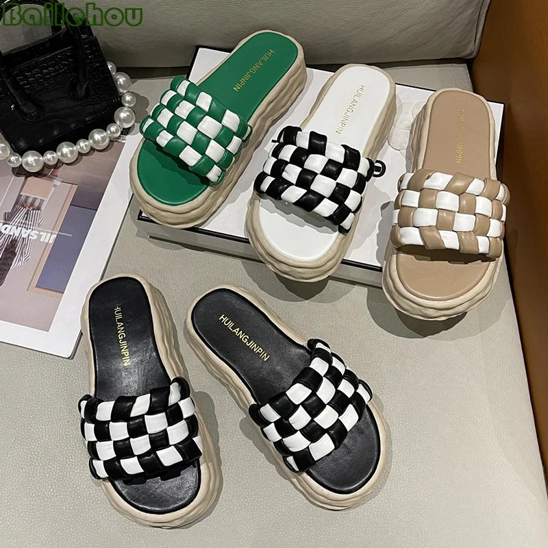 

Weave Slippers Women Flip Flops Summer New 2022 Casual Outside Round Toe Ladies Green Black Slides Female Platform Flats Shoes