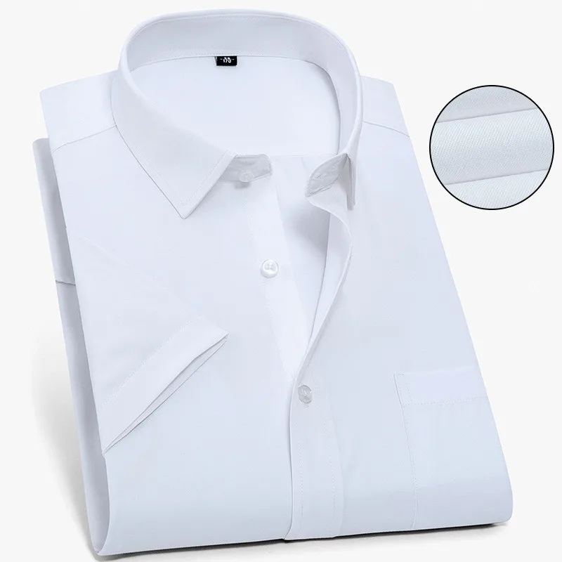 8XLMale Social Formal Shirts for Men Short Sleeves Slim Fit Twill Pure Color Work White Mens Shirts Casual Half Sleeve Shirt Men