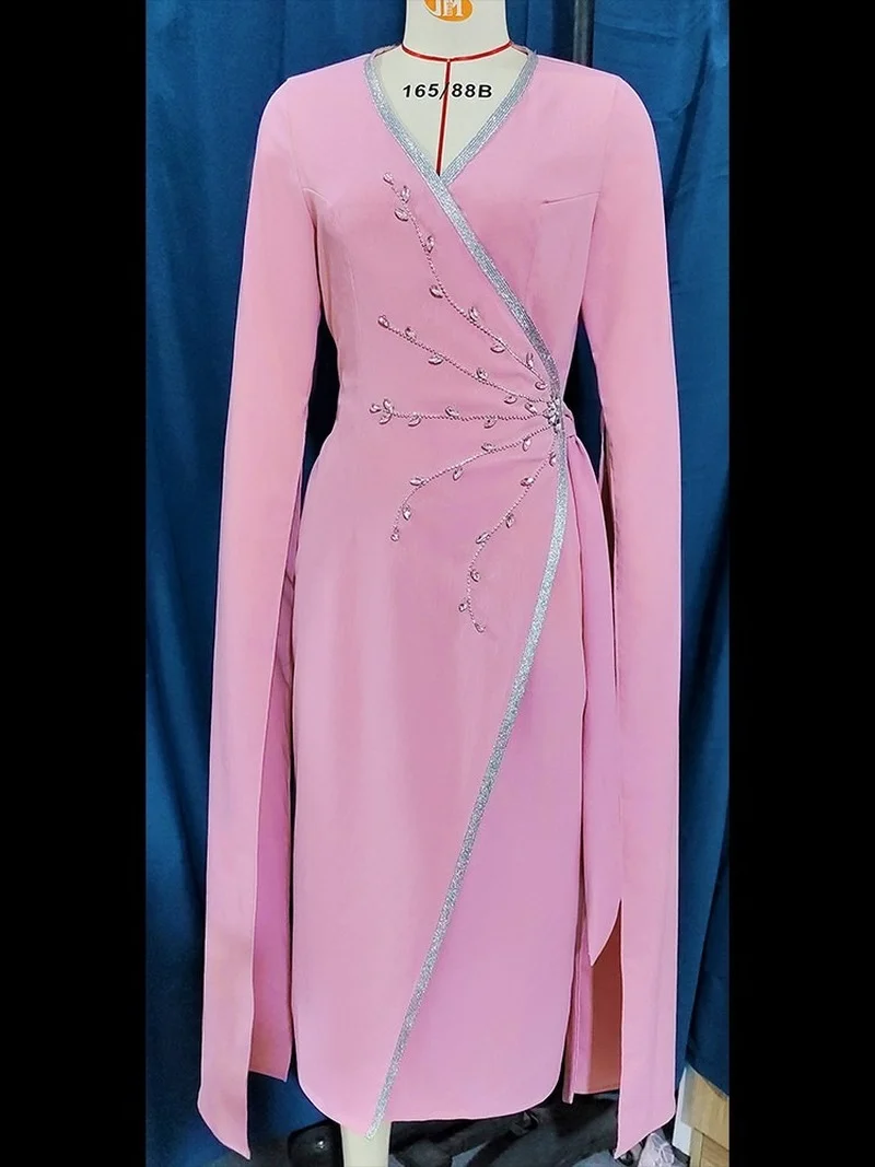 Abaya Muslim Dress Women With Diamond V Neck Cloak Sleeve Robe Summer New Fashion Solid Elegant Party Muslim Long Dress Vestidos