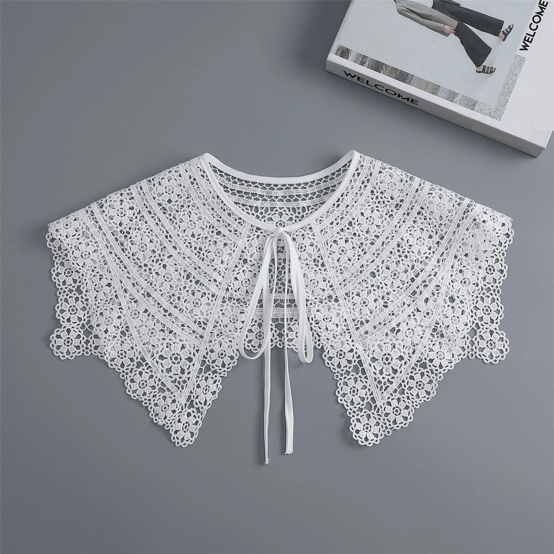 

Women Lace Fake Collar Fashion Summer Lace Big Lapel Doll False Collar For Women's Bow Tie Shawl White Shirt Detachable Collar