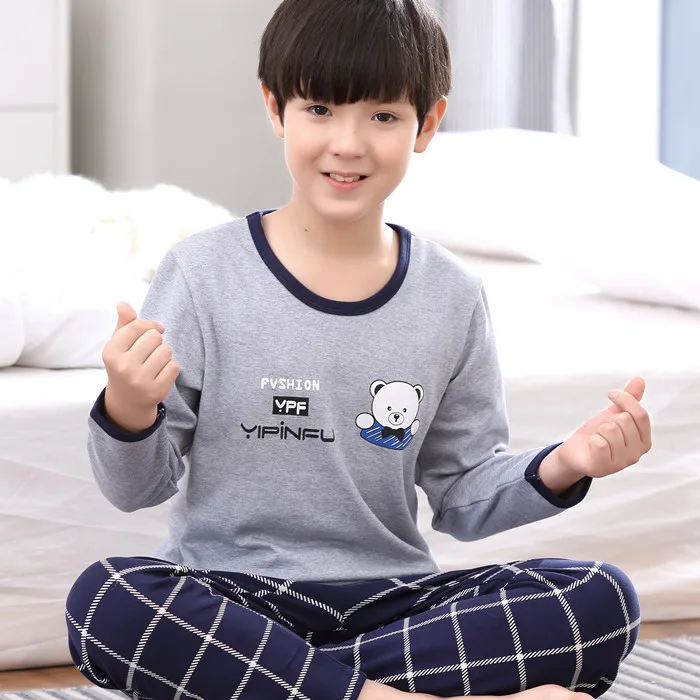 Молодежная Пижама Мужской комплект с длинным рукавом для учеников младшей и