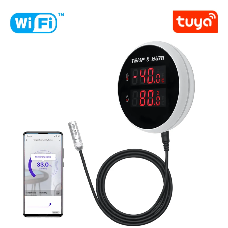 

Умный Термометр-Гигрометр Tuya с Wi-Fi, с внешним детектором влажности и температуры, USB-зарядкой или перезаряжаемой батареей