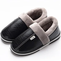 big size 50 51 black men slippers winter pu leather warm indoor waterproof home slipper fur couple flat slides bedroom shoes