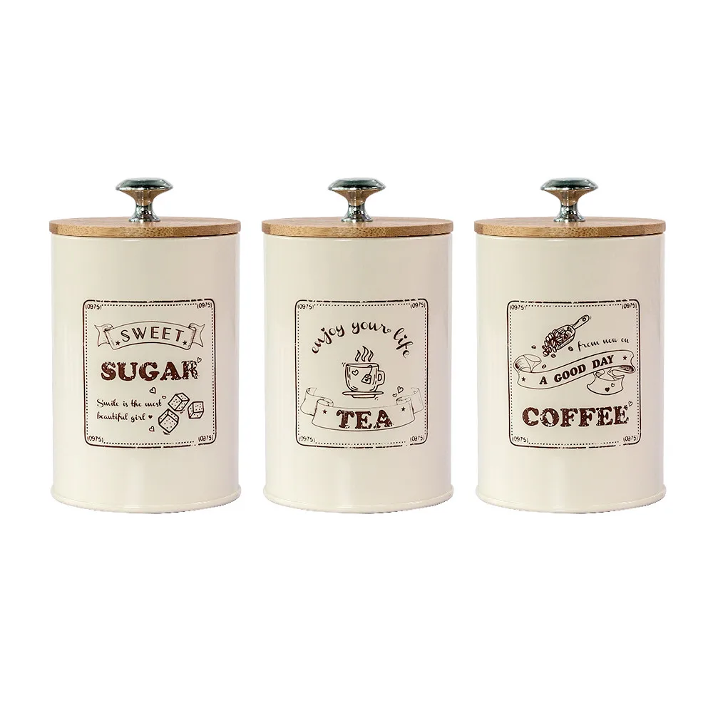 

Tea Coffee Sugar Storage Jars Wooden Lid Sealed Box Kitchen Metal Canister Tin Jar Loose Grain Cereals Candy Organizer Container