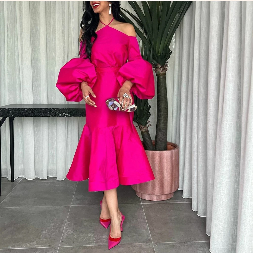 

Modern Evening Dress Long Luxury 2022 Halter Puff Puff Sleeve Zippper Back Prom Dress Trumpet Satin Tea Length Robes De Soirée