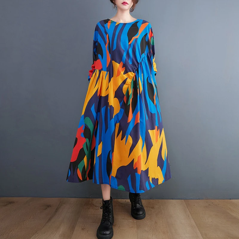 

Cotton Women Blouse Multicolor Print Loose Shirt Dress Beach Vacation Casual Plus Size Womans Long Section Dresses Robe Femme