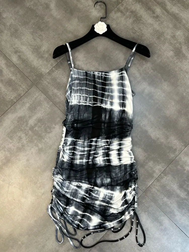 

PREPOMP 2022 Весна Лето Новое поступление без рукавов на тонких бретельках черно-белое короткое платье на завязках GD869