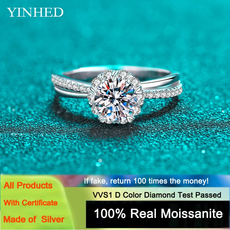 

YINHED 925 Sterling Silver Plating PT950 Platinum Proposal Ring 1.0 Carat Moissanite Gemstone Diamond Wedding Rings for Women