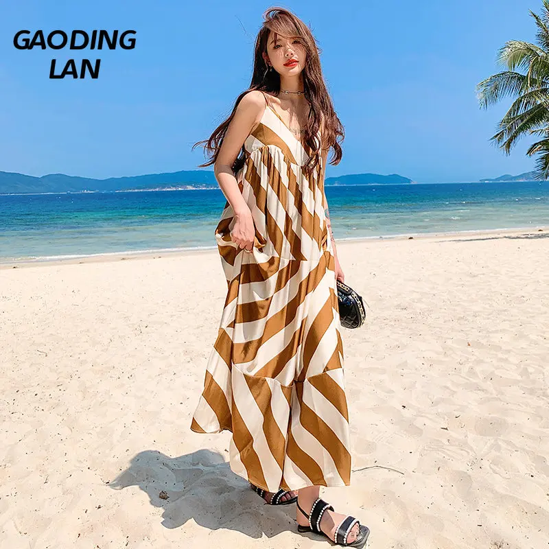 

Женское длинное платье в полоску Gaodinglan, летнее пляжное платье с лямкой на шее, без рукавов, с открытой спиной, большие размеры