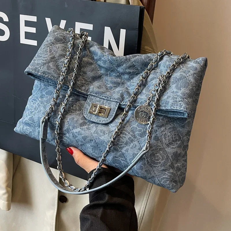 

Lingge Chain Tote Bags Women's For Women Large Capacity High Quality Summer Denim Versatile Single Shoulder Bag Shopping Travel