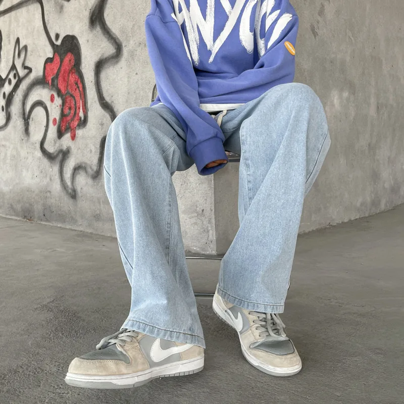 Drawstring Baggy Jeans Men Fashion Casual Wide Leg Jeans Mens Streetwear Loose Hip Hop Straight Denim Pants Mens Trousers S-2XL