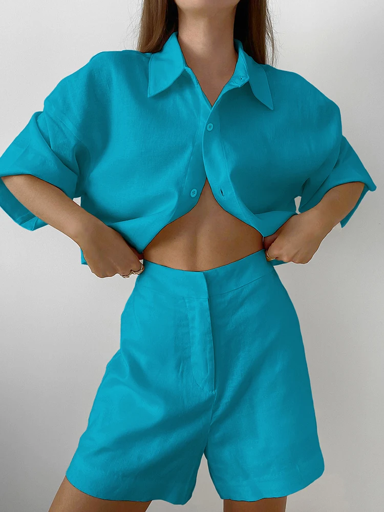 

Mnealways18 синие хлопковые льняные шорты комплекты из 2 предметов уличная одежда рубашка с коротким рукавом и шорты с широкими штанинами Лето 2023 женские костюмы