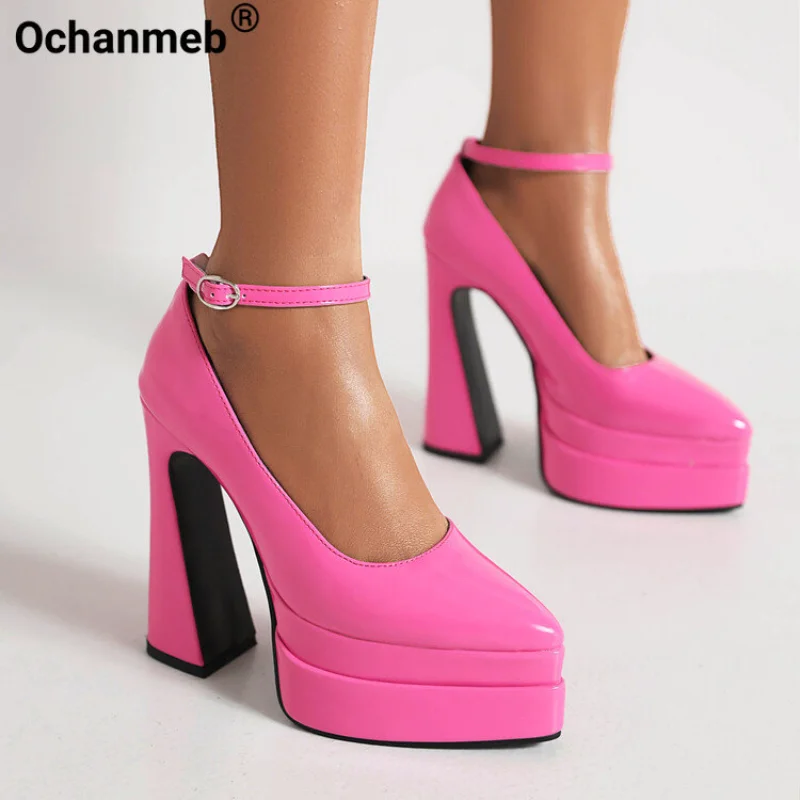 

Женские лакированные туфли Ochanmeb с ремешком на щиколотке, туфли-лодочки на массивной платформе и блочном высоком каблуке, туфли с острым носком, женские модельные туфли для демонстрации свадьбы