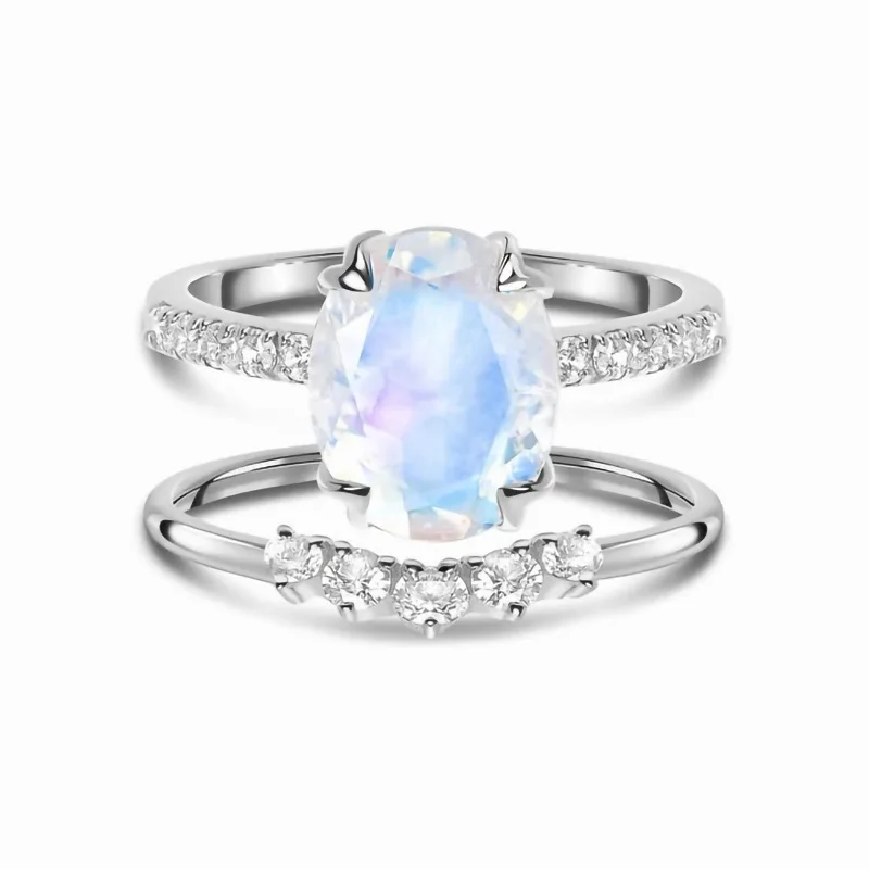 

S925 серебро Овальный лунный камень Двухслойное женское кольцо нишевое дизайнерское модное простое ювелирное изделие